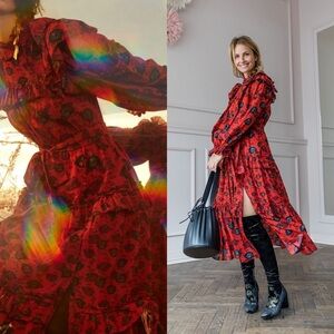 ULLA JOHNSON Winnifred Floral Ruffle Tiered Dress in Poppy Floral Sz 4